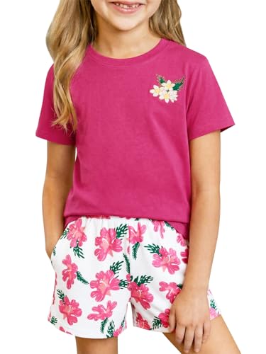 Haloumoning Girls 2 Piece Summer Outfits Kids Cute Graphic Tees and Elastic Waist Shorts Set Hawaiian Vacation Outfit