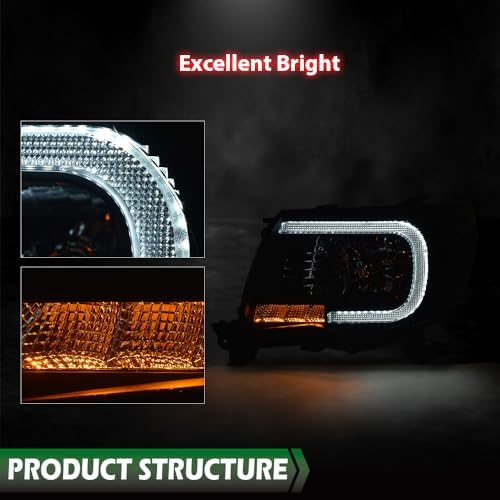 Image of GRAND ORANGE LED DRL Headlights Assembly Fit Toyota Tacoma 2005-2011 | Tube Halo Projector Headlamps,Smoke Lens Black Housing Clear Reflector,Driver & Passenger Side,Weather-Resistant