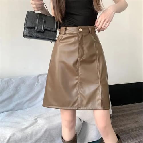 Women Zipper Pockets Button Korean High Waist Short A-Line Leather Skirt3