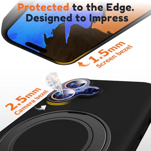 Image of Silicone 360 Spin Magnetic Stand Case for iPhone 17, [Compatible with Mag-Safe][Reinforced Hard Camera Protection]Shockproof Liquid Silicone Rubber Phone Case Cover with Ring, Camera Button, Jet Black
