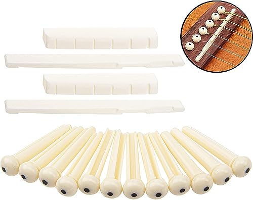 Image of IMAGINEA Acoustic Guitar Bridge Saddle Nut with 6pcs Guitar Bridge Pins for 6-String Style Guitar Parts Accessories Replacement Tools Kits (White)
