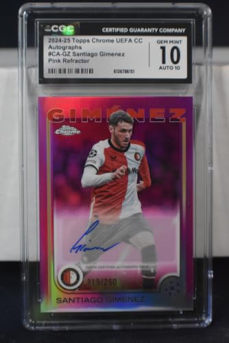 SANTIAGO Santi GIMENEZ 2024-25 Topps Chrome UEFA Club Competitions AUTOGRAPH Soccer Card #CA-GZ PINK REFRACTOR PARALLEL #219 of only 250 Made! CGC Graded Gem Mint 10 AC Milan Mexico Auto