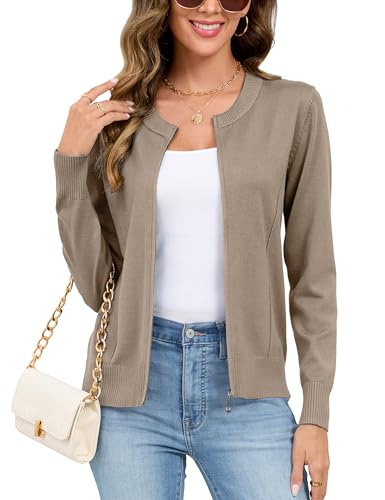 Totatuit Zip Up Sweater for Women Casual Lightweight Zip Front Jacket Long Sleeve No Hood Cardigan Knitted Sweater Line Khaki Medium