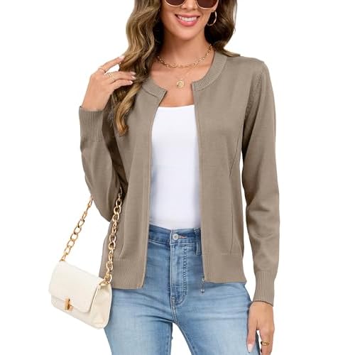 Totatuit Womens Long Sleeve Knitted Zip Up Sweater Cardigans Sweaters Lightweight Zipper Sweatshirts Jacket Small Line Khaki