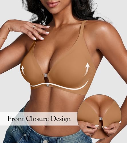 Image of DEANGELMON Front Closure Bras for Women Racerback Bra No Underwire Seamless Push Up T-Shirts Bras Supportive Womens Bralettes