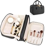 Sac de maquillage de voyage pour les femmes Mode Grande capacité Poche ouverte plat Cosmétique Portable Organisateur Imperméable Grande ouverture Sacs de toilette Vertical Free-Standing Brush Holder for Easy Access Black