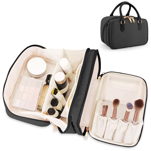 Travel Makeup Bag for Women Fashion Large Capacity Pouch Open Flat Cosmetic Portable Organizer Waterproof Large Opening Storage Toiletry Bags Vertical Free-Standing Brush Holder for Easy Access Black
