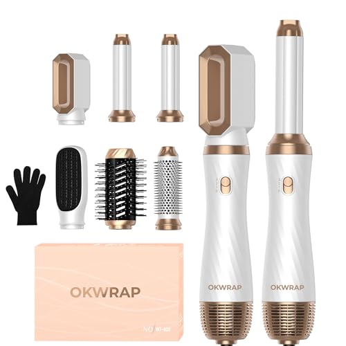 OKWRAP Secador 6 en 1 Cepillo de Aire Air Styler Set 6 Cabezales Intercambiables 3 Temperaturas Cepillo Moldeador De Pelo, Cepillo Secador Pelo With Riza, Da Volumen, Alisa y Seca