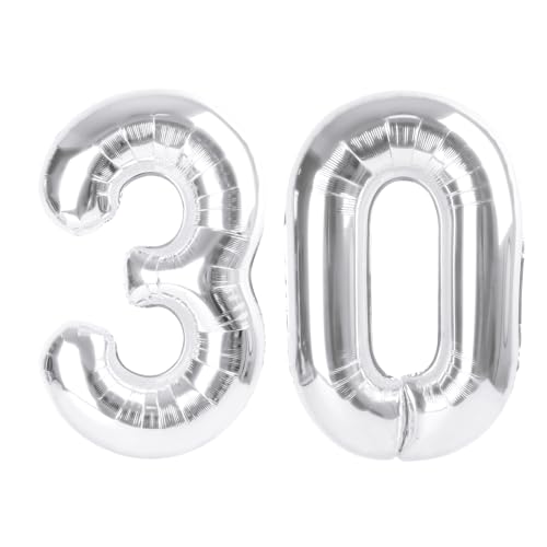 Image of 30 Balloon 40 inch Silver Number Balloons for 30 Birthday Party Decorations | Saturated Color, Large 40 in, With Straw & Hanging Hole, For Graduation Season, Thanksgiving, Anniversary, Christmas