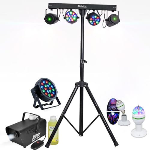 Ibiza Light - 6 JEUX DE LUMIERE + PIED DJ + MACHINE A FUMEE + PRODUIT PACK SONO LIGHT DJ idéal soirée dansante bar club famille disco fête Nöel