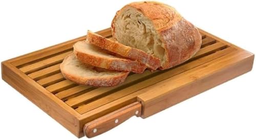 Avilia Brotschneidebrett aus Bambus mit Krümelauffangbehälter und Messer aus Edelstahl, 44 x 27 cm, robust und leicht zu reinigen