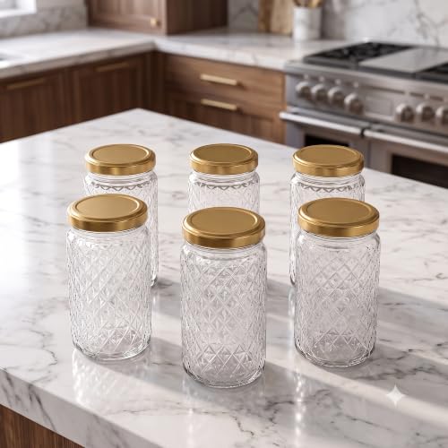 Image of Glass Jar with Air Tight Metal Lid I Kitchen Storage Jars for Spices, Coffee, Sugar & Dry Fruits I Grocery Storage Container I Kitchen Pantry Organiser Jar (DIAMOND GLASS JAR - 370 ml - PACK OF 6)
