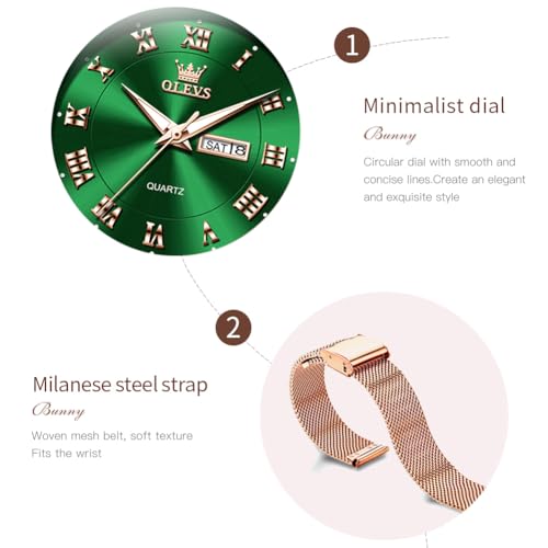 OLEVS Green Women's Watch Glossy Green Dial Gold Mesh Strap Day Date Roman Numerals Watches for Women Waterproof Minimalist Luxury Dress by OLEVS - Used condition - Image 3