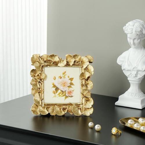 4x4 Picture Frame Small Gold Frames, Vintage Ornate Leaf Textured Hand-Crafted Resin with Glass Front, Antique Photo Frame for Tabletop Display, Retro Design Home Decor