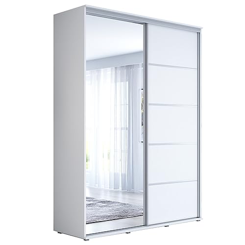 Meble Slupia Schwebetürenschrank mit Spiegel Kleiderschrank - Schiebetürenschrank mit Kleiderstange und Einlegeboden – Schlafzimmerschrank - Schiebetüren - 140x242x61cm, Weiß