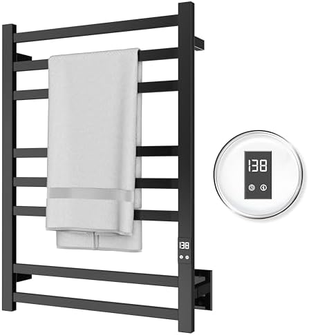 PeakTrivol 8-Bar Towel Warmer with Fast Heating, Auto Shut-Off Timer, Matte Black Finish - Hardwired or Plug-in Options - Ideal for Hot Towels in Bathroom