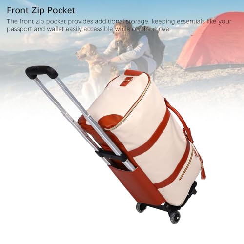 Asixxsix Leather Travel Bag, Foldable Water proof Large Capacity Carry On Tote Duffel Bag with Detachable Telescopic Trolley Garment Convertible Weekender Bags for Men Women (Beige)3