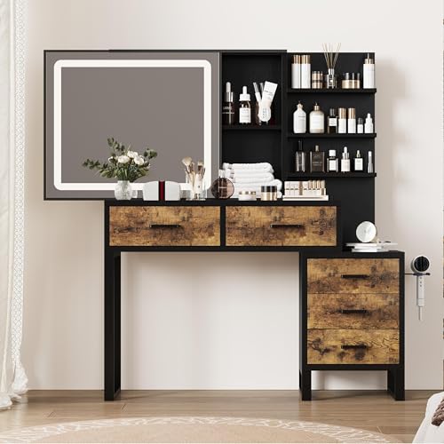 Garvee 46.8'' Vanity Desk with Mirror, LED Lights and Power Outlet, Makeup Vanity Table with 5 Drawers and 3 Storage Shelves, Dressing Table with Gold Handle for Bedroom, Dressing Room (White)