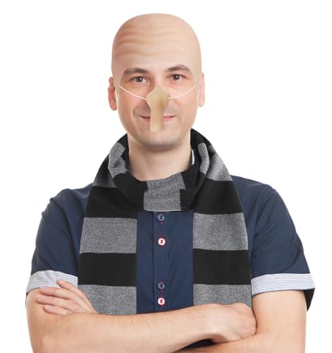 HEYFIZZ 4 Pcs Halloween Costume Accessories for Adult,Black Gray Striped Scarf/Fake Nose/Bald Cap for Men Cosplay Set - Thumbnail 2