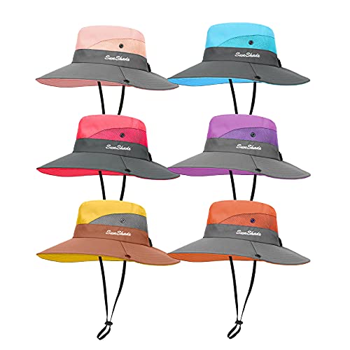 Womens Sun Hats Wide Brim UV Protection Mesh Foldable Ponytail Bucket Fishing Hat Beach Cap for Fishing Hiking Gardening