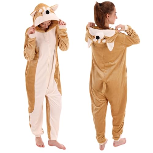 COSUSKET Snug Fit Unisex Adult Onesie Pajamas Animal Flannel Cosplay Corgi One Piece Halloween Costume Sleepwear Homewear