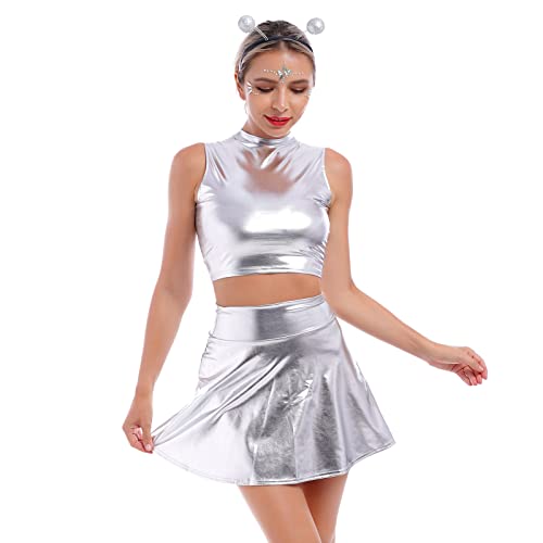 IBAKOM Damen Hologramm Rave Outfit 3 tlg Glänzendes Crop Top Leder...