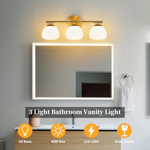 Image of Modern 3 Light Bathroom Vanity Light Gold Vanity Light Bathroom Light Fixtures Over Mirror with Milk Glass Shade Bathroom Vanity Lighting Fixtures