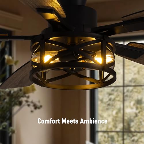 Image of 50 Inch Flush Mount Black Caged Ceiling Fan with Lights, Low Profile Farmhouse Ceiling Fan for Bedroom Living Room and Patio, Ceiling Fans and Remote Control for Indoor and Outdoor
