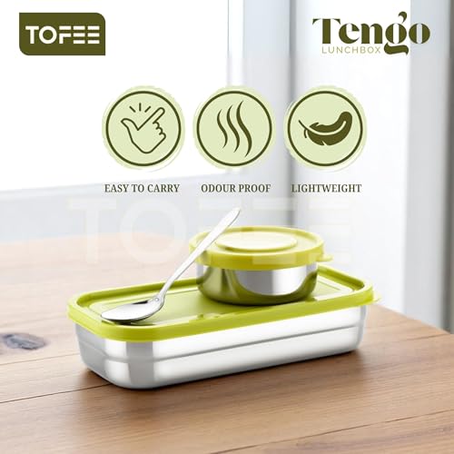 Image of TOFEE Big Stainless Steel Lunch Box for Office & School | Leak-Proof Tiffin with Small Container & Spoon | BPA-Free Airtight Lid | Compact & Durable Lunch Box for Travel (900ml) (Yellow Combo)