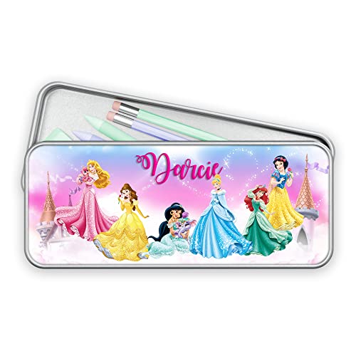 Image of Print Maniacs Personalised Disney Cute Pencil Case Tin Kids Boys Girls Princess Back to School Stationary Organizers Makeup Bag (Silver Case)
