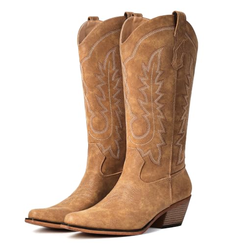 Image of Women's Pointed Toe Mid Calf Cowboy Boots - Cowgirl Boots with Chunky Heel