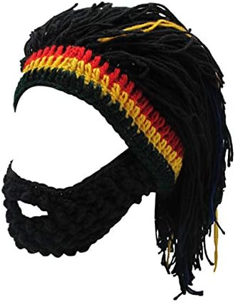 FALETO Knit Beanie Beard Hat Rasta Hat with Dreadlocks Handmade Wig Fancy Halloween Caps