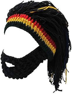 FALETO Men Women Bearded Hats Funny Knit Beanie Hat Reggae Hair Style Rasta Hats with Dreadlocks Wig Winter Warm Ski Mask Beanie