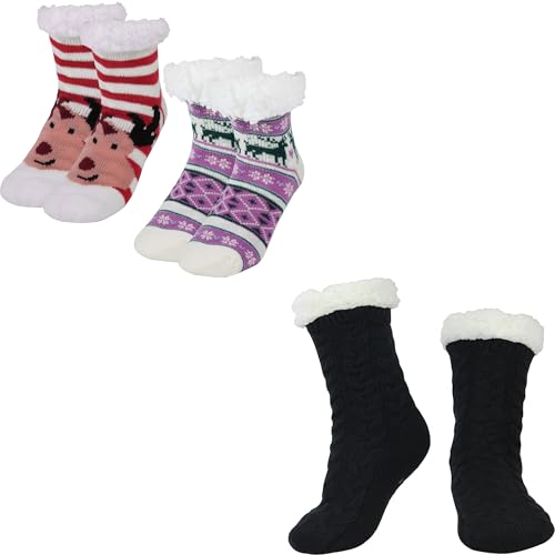 BenSorts Kids Thick Warm Slipper Socks 2 Pairs Purple Stripe Deer with 1 Pair Black Christmas Slipper Socks