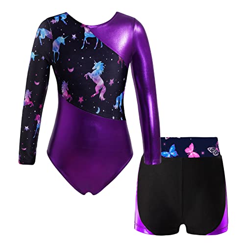 dPois Justaucorps de Gymnastique Fille Manche Longue Short Métallique Licorne/C?ur Justaucorps Danse Classique Ballet Patinage 3-14 Ans WC Violet&Noir 11-12 Ans