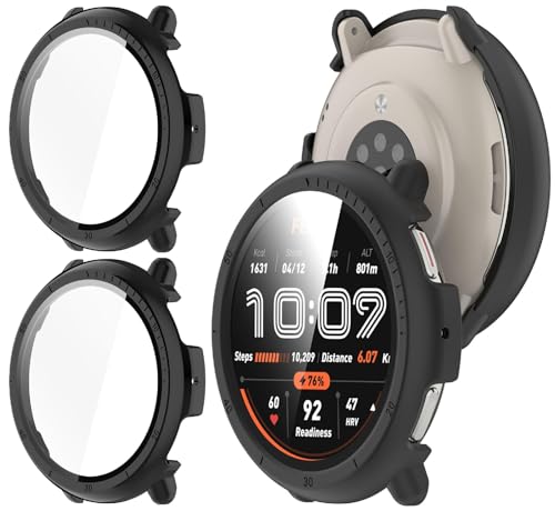 GIOPUEY Funda Compatible con Amazfit Active 2, [2 Pack] Protector de Pantalla + Bastidor rígido, Protección Total del Paquete - Black+Black