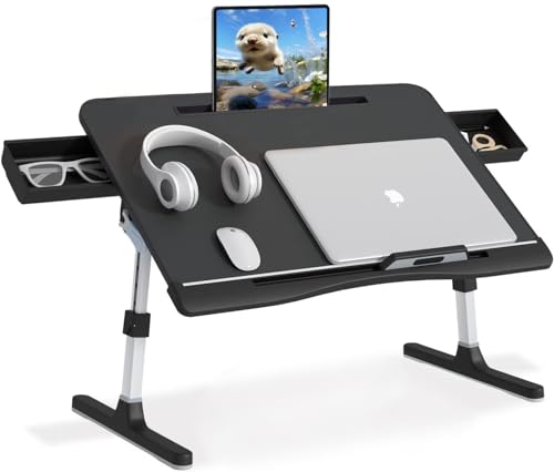 Bed Desk for Laptop, Adjustable Lap Desk with 2 Storage Drawers, Premium PVC Leather, Foldable Laptop Table for Eating, Working, Writing and Drawing