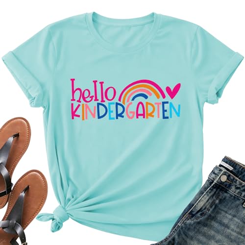Image of Kindergarten Teacher Shirts for Women-Rainbow Heart Short Sleeves | Cute Back to School Shirt Great for Preschool Educators Classroom Daily Work First Day Celebration Events