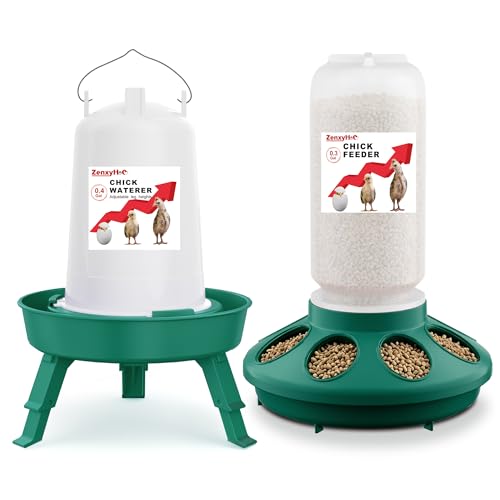2-in-1 Chick Starter Set: 0.3 Gal Feeder & 0.4 Gal Waterer with Adjustable Legs for Baby Chicks Hanging Hooks Anti-Drown Design - BPA-Free Plastic (Green)