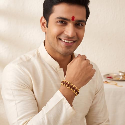 Image of Nazakat 21 Bead Original Rudraksha Rakhi for Brother | Gold Plated Traditional Rakhi Bracelet | Sacred Rudraksha Raksha Bandhan Thread | Adjustable Designer Rakhi Gift for Bhai | Festival Hand Band