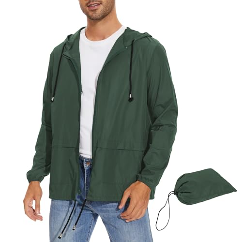 Zando Mens Rain Jackets Waterproof with Hood Lightweight Rain Jacket Men Waterproof Windbreaker Jackets Men Raincoat Packable Windbreaker Adjustable Travel Outdoor Running Cycling Dark Green XL
