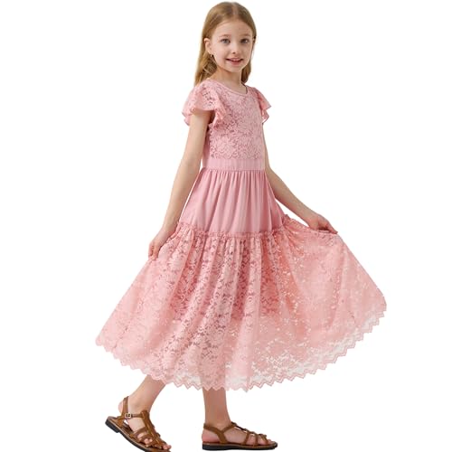 Rolanko Girls Boho Lace Dress Flower Girl Maxi Dress, Pink, 9-10Y by Rolanko - Used condition - US$22.60