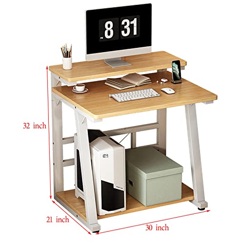Bureau d'ordinateur en chêne massif compact avec étagères de rangement