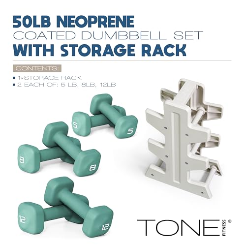 Image of Tone Fitness Neoprene Dumbbell Set with Storage Rack - Non-Slip, Anti-Roll Hand Weights for Home Gym Workouts | 20 lb, 32 lb, 50 lb, 60 lb & 100 lb Options