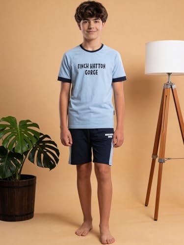 Image of Li'l Tomatoes Boys 100% Cotton Night Suit Set | Half Sleeve T-Shirt & Shorts | Color Block & Typography Print | Soft & Breathable Sleepwear | Casual Summer Wear | 9-16 Years