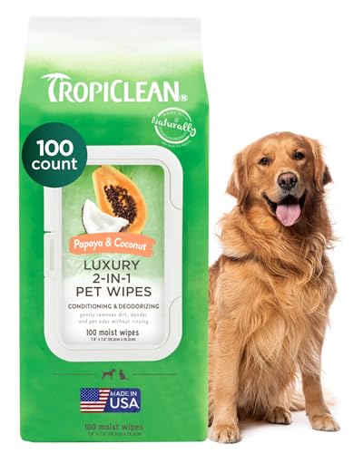 TropiClean Papaya & Coconut Luxury 2-in-1 Pet Wipes, 100ct - Wipes for Dogs & Cats - Gently Removes Dirt, Dander & Smells - for Pet Paws, Face, Body & Bottom - Tropical Papaya & Coconut Scent