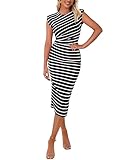 PRETTYGARDEN Women's Dresses 2025 Summer Casual Sleeveless Crewneck Slim Ruched Striped Knit Slit Midi Bodycon Dress(Black White,Small)