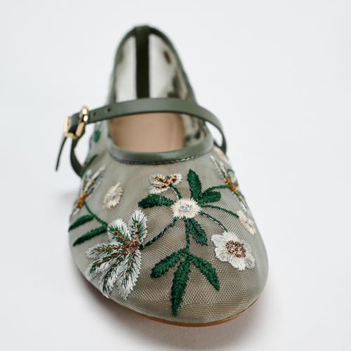 Women's Mesh Flat Mary Janes Embroidered Floral Buckled Strap Flats Casual Comfortable Round Toe Ballerina Shoes4