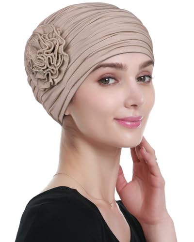 Alnorm Skullies Beanies with Flower Accent for Girls and Women Taupe