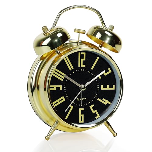 Image of AYRELY Super Loud Alarm Clock for Heavy Sleepers Adults,Twin Bell Retro 4 Inch Silent Non-Ticking Quartz with Backlight, Metal dial, Alarm Clocks for Bedrooms Bedside(Gold- Black)